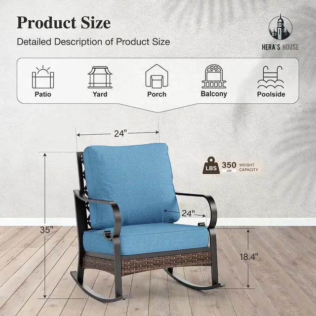 Alt view image 7 of 7 - HERA'S HOUSE 2-Piece Metal Patio Rocking Chair Set, Rocking Chairs | Navy Blue, High Back, All-Weather, For Garden, Deck, Backyard