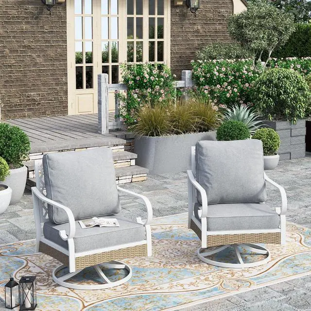 Main image of HERA'S HOUSE Swivel Outdoor Patio Chairs Set of 2 with Cushions, Backyard | 2 Swivel Chairs Size, White Frame-light Grey Color, modern Style