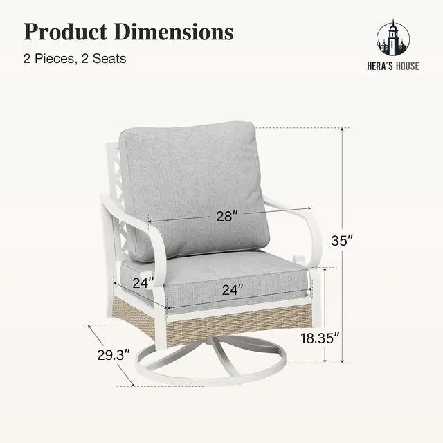 Alt view image 7 of 7 - HERA'S HOUSE Swivel Outdoor Patio Chairs Set of 2 with Cushions, Backyard | 2 Swivel Chairs Size, White Frame-light Grey Color, modern Style