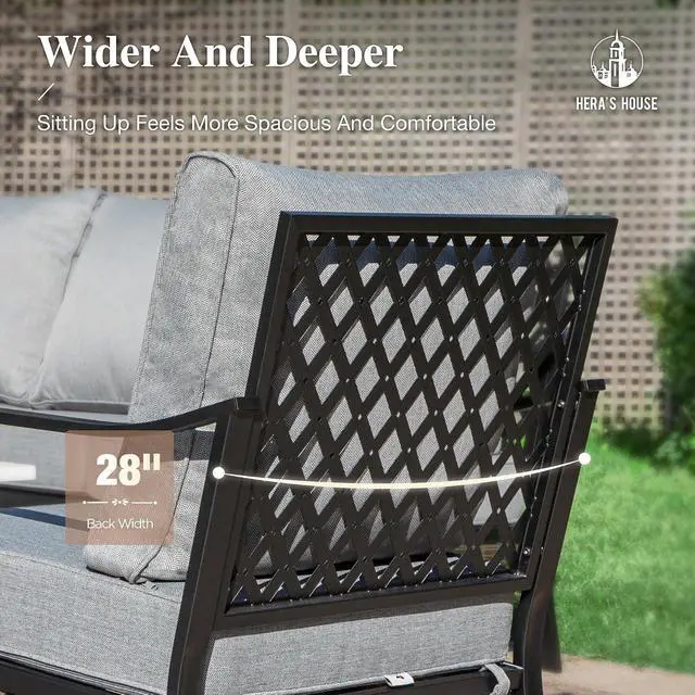 Alt view image 6 of 7 - HERA'S HOUSE 6-Piece Rattan Wrought Iron Patio Conversation Set, 7 Seats | Black Frame/Gray, Coffee Table, Rocking Chair, Single chairs could support up to 350lbs