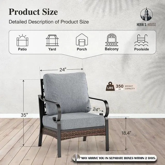 Alt view image 7 of 7 - HERA'S HOUSE Patio Chairs Set of 2, Backyard, Deck, Grey | 2 Fixed Chairs, Black Frame-grey Color
