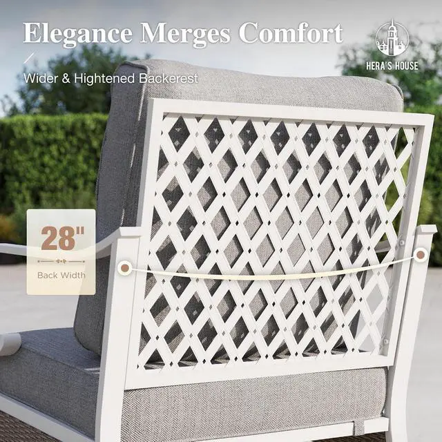 Alt view image 6 of 7 - HERA'S HOUSE Outdoor Patio Chairs Set of 2, Metal Frame, Light Grey | High back, white frame, cushioned seats, 350 lb capacity, 5.75 in cushions, all-weather E-coated and powder-coated frame