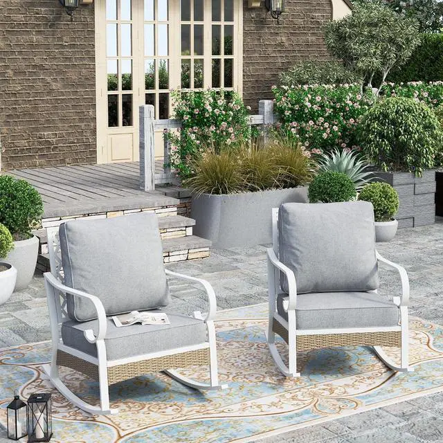 Main image of HERA'S HOUSE 2-Piece Metal Patio Rocking Chair Set, Rocking Chairs | Light Grey, High Back, All-Weather, For Garden, Deck, Backyard