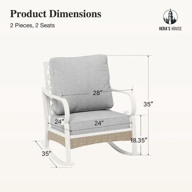 Alt view image 7 of 7 - HERA'S HOUSE 2-Piece Metal Patio Rocking Chair Set, Rocking Chairs | Light Grey, High Back, All-Weather, For Garden, Deck, Backyard