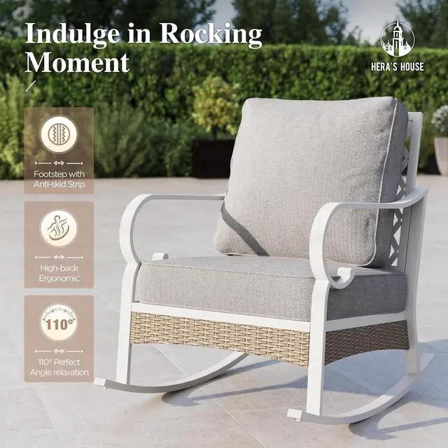 Alt view image 5 of 7 - HERA'S HOUSE 5-Piece Metal Outdoor Conversation Set, 7 Seats | White Frame/Light Gray, Coffee Table, Single chairs could support up to 350lbs