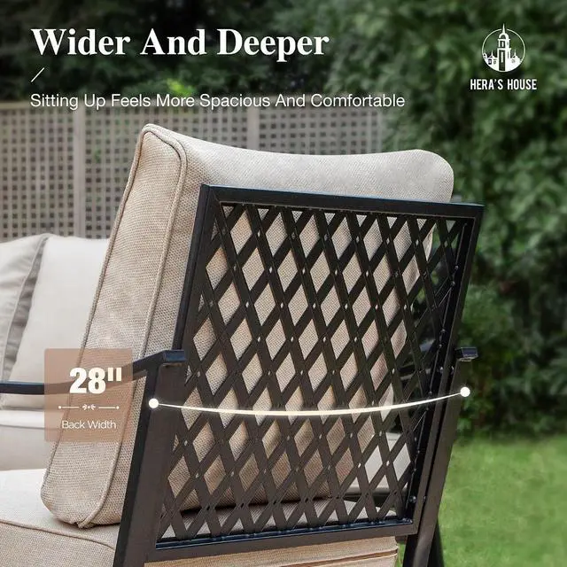Alt view image 5 of 7 - HERA'S HOUSE High Back Patio Dining Chairs, Set of 2, Metal, Beige | Cushioned, All-Weather, Rust-Resistant, Supports 350 lb, For Deck, Garden, Balcony