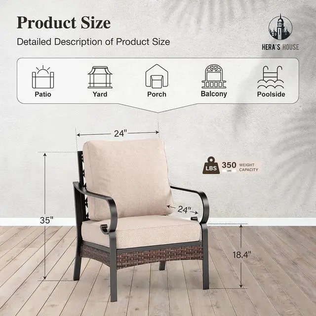 Alt view image 7 of 7 - HERA'S HOUSE High Back Patio Dining Chairs, Set of 2, Metal, Beige | Cushioned, All-Weather, Rust-Resistant, Supports 350 lb, For Deck, Garden, Balcony