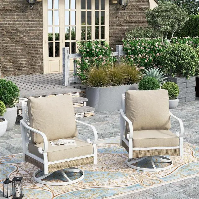 Main image of HERA'S HOUSE Swivel Patio Chairs Set of 2, Metal Frame, Beige | High back, white frame, cushioned seats, 350 lb capacity, 5.75 in cushions, all-weather E-coated and powder-coated frame