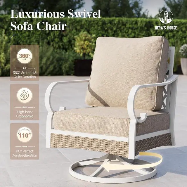 Alt view image 5 of 7 - HERA'S HOUSE Swivel Patio Chairs Set of 2, Metal Frame, Beige | High back, white frame, cushioned seats, 350 lb capacity, 5.75 in cushions, all-weather E-coated and powder-coated frame