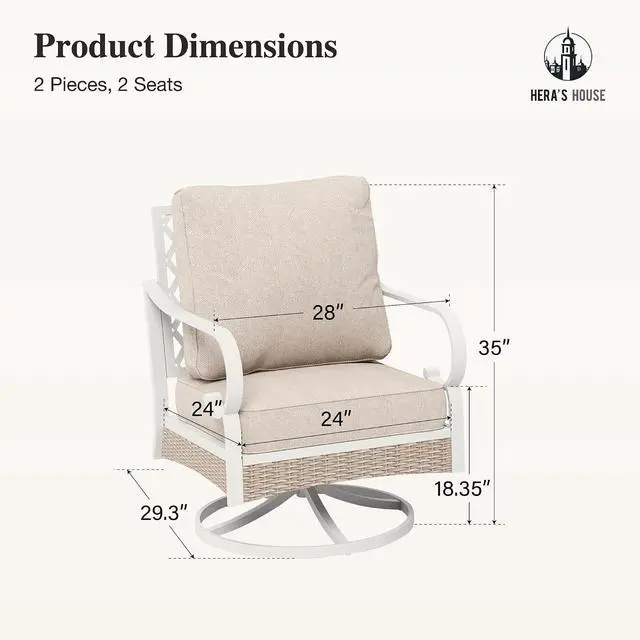 Alt view image 7 of 7 - HERA'S HOUSE Swivel Patio Chairs Set of 2, Metal Frame, Beige | High back, white frame, cushioned seats, 350 lb capacity, 5.75 in cushions, all-weather E-coated and powder-coated frame