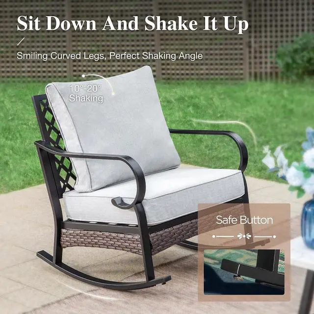Alt view image 6 of 7 - HERA'S HOUSE 6-Piece Metal Outdoor Conversation Set, 7 Seats | Black Frame/Light Gray, Coffee Table, Rocking Chair, Single chairs could support up to 350lbs