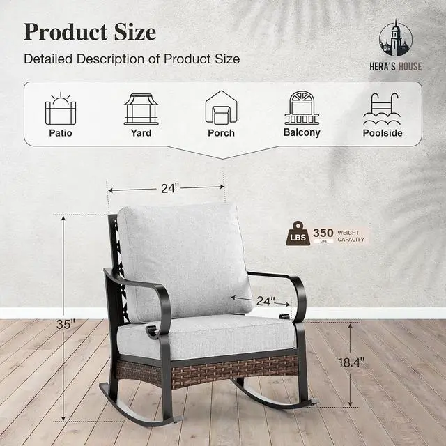 Alt view image 7 of 7 - HERA'S HOUSE, 2 Pack, Patio Rocking Chairs, Metal | Black Frame, light Grey Cushions, 5.75" Thick Cushions, High Back, All Weather, 350 lb Capacity, Waterproof Cushion Covers