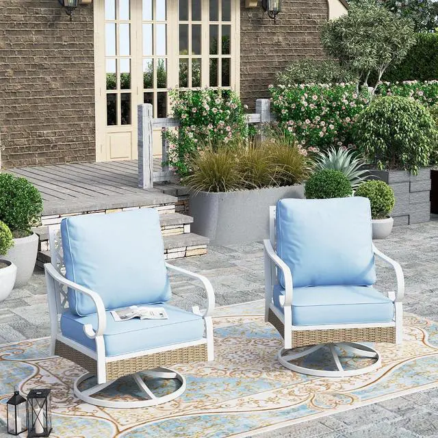 Main image of HERA'S HOUSE Swivel Patio Chairs Set of 2, Metal Frame, Blue | High back, white frame, cushioned seats, 350 lb capacity, 5.75 in cushions, all-weather E-coated and powder-coated frame