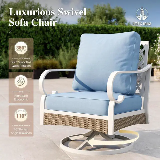 Alt view image 5 of 7 - HERA'S HOUSE 4-Piece Rattan Metal Patio Conversation Set, 5-Seat, White | 2 Swivel Chairs, 1 3-Seat Sofa, Swivel Chairs, Coffee Table, All-Weather, For Garden, Deck, Backyard