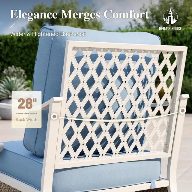 Alt view image 5 of 7 - HERA'S HOUSE 5-Piece Metal Outdoor Conversation Set, 7 Seats | White Frame/blue, Coffee Table, Single chairs could support up to 350lbs