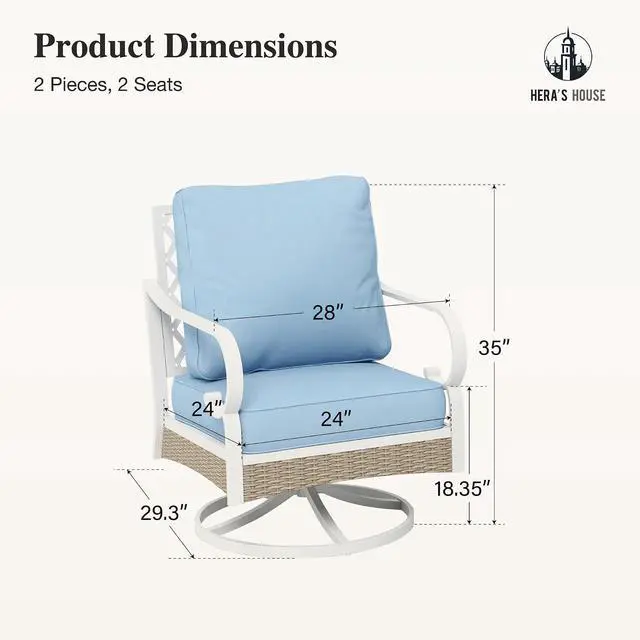 Alt view image 7 of 7 - HERA'S HOUSE Swivel Patio Chairs Set of 2, Metal Frame, Blue | High back, white frame, cushioned seats, 350 lb capacity, 5.75 in cushions, all-weather E-coated and powder-coated frame