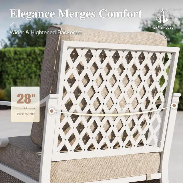 Alt view image 6 of 7 - HERA'S HOUSE Swivel Patio Chairs Set of 2, Metal Frame, Beige | High back, white frame, cushioned seats, 350 lb capacity, 5.75 in cushions, all-weather E-coated and powder-coated frame