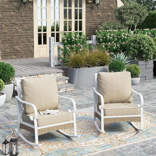 Main image of HERA'S HOUSE, 2 Pack, Patio Rocking Chairs, White Frame, Beige Cushions | Metal, 5.75" Thick Cushions, High Back, All Weather, 350 lb Capacity, Waterproof Cushion Covers