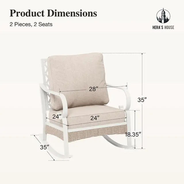 Alt view image 7 of 7 - HERA'S HOUSE, 2 Pack, Patio Rocking Chairs, White Frame, Beige Cushions | Metal, 5.75" Thick Cushions, High Back, All Weather, 350 lb Capacity, Waterproof Cushion Covers