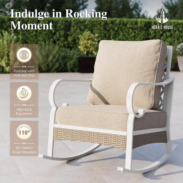 Alt view image 5 of 7 - HERA'S HOUSE 6-Piece Metal Outdoor Conversation Set, 7 Seats | White Frame/beige, Coffee Table, Rocking Chair, Single chairs could support up to 350lbs