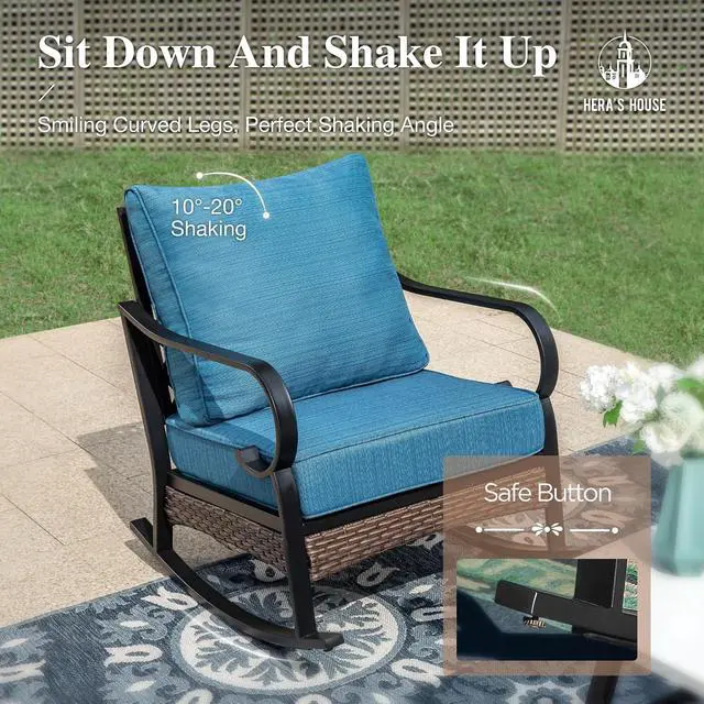 Alt view image 4 of 7 - HERA'S HOUSE 2-Piece Metal Patio Rocking Chair Set, Rocking Chairs | Peacock Blue, High Back, All-Weather, For Garden, Deck, Backyard