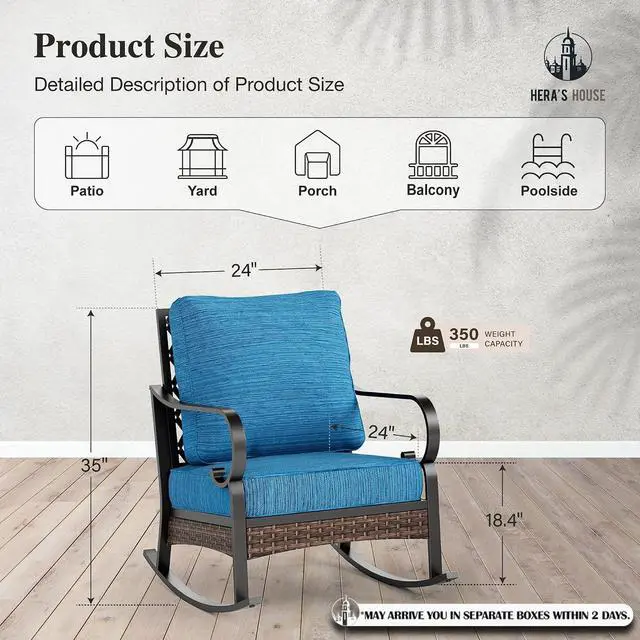 Alt view image 7 of 7 - HERA'S HOUSE 2-Piece Metal Patio Rocking Chair Set, Rocking Chairs | Peacock Blue, High Back, All-Weather, For Garden, Deck, Backyard