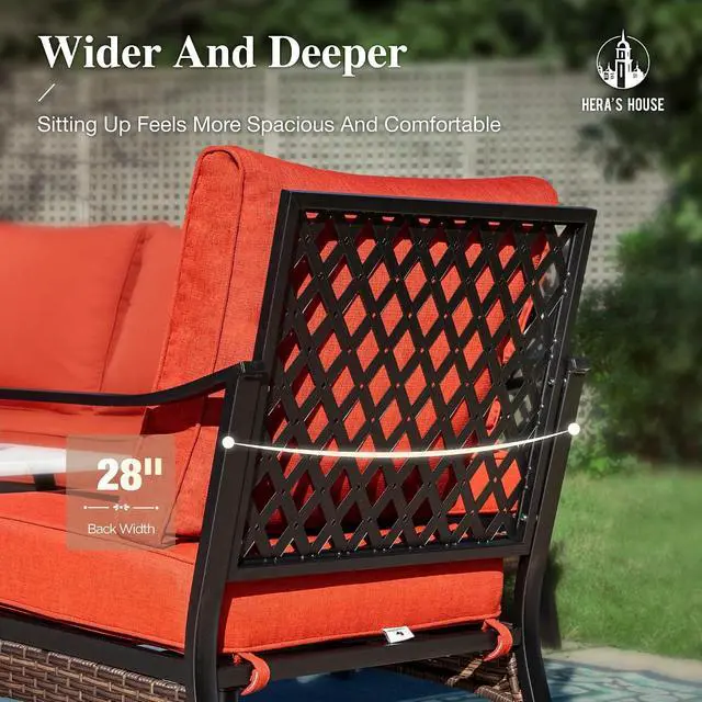 Alt view image 5 of 7 - HERA'S HOUSE 6 Piece Metal Patio Furniture Set, All Weather Outdoor Conversation Set with 3-Seat Sofa, 4 Fixed Chairs & Coffee Table, 7 Seats for Backyard, Garden, Deck, Red
