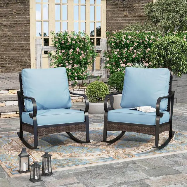 Main image of HERA'S HOUSE, 2 Pack, Patio Rocking Chairs, Black Frame, Blue Cushions | Metal, 5.75" Thick Cushions, High Back, All Weather, 350 lb Capacity, Waterproof Cushion Covers