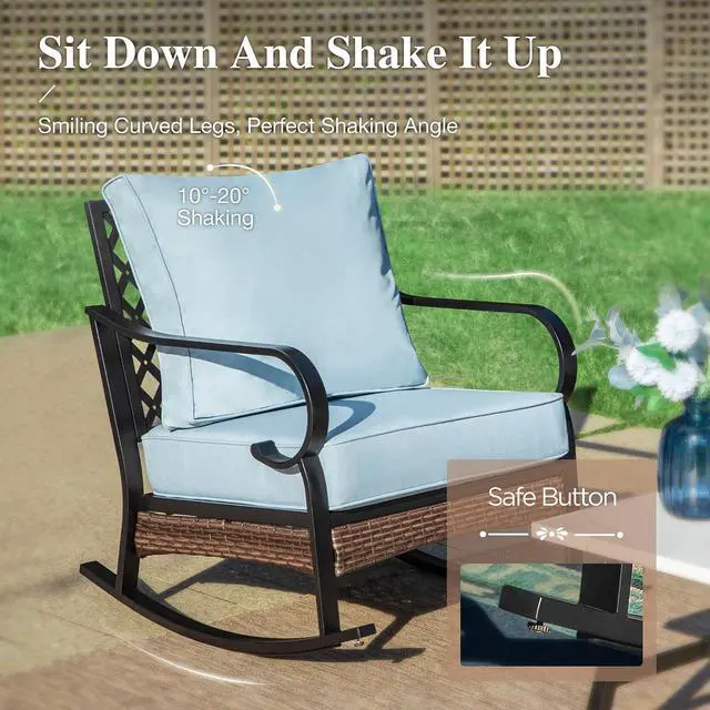 Alt view image 4 of 7 - HERA'S HOUSE, 2 Pack, Patio Rocking Chairs, Black Frame, Blue Cushions | Metal, 5.75" Thick Cushions, High Back, All Weather, 350 lb Capacity, Waterproof Cushion Covers