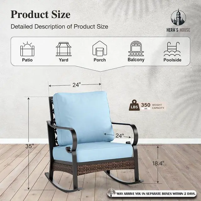 Alt view image 7 of 7 - HERA'S HOUSE, 2 Pack, Patio Rocking Chairs, Black Frame, Blue Cushions | Metal, 5.75" Thick Cushions, High Back, All Weather, 350 lb Capacity, Waterproof Cushion Covers
