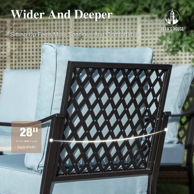 Alt view image 6 of 7 - HERA'S HOUSE, 2 Pack, Patio Rocking Chairs, Black Frame, Blue Cushions | Metal, 5.75" Thick Cushions, High Back, All Weather, 350 lb Capacity, Waterproof Cushion Covers