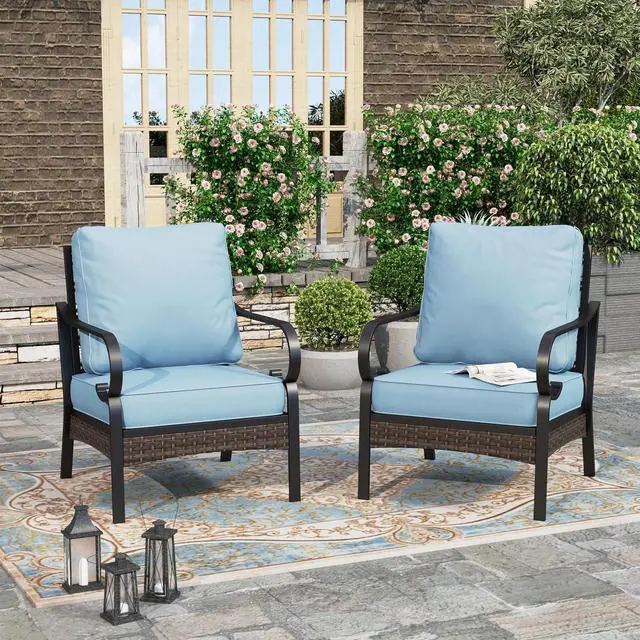 Main image of HERA'S HOUSE High Back Patio Dining Chairs, Set of 2, Metal, Blue | Cushioned, All-Weather, Rust-Resistant, Supports 350 lb, For Deck, Garden, Balcony