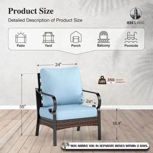 Alt view image 7 of 7 - HERA'S HOUSE High Back Patio Dining Chairs, Set of 2, Metal, Blue | Cushioned, All-Weather, Rust-Resistant, Supports 350 lb, For Deck, Garden, Balcony