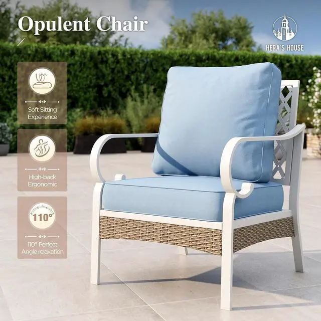 Alt view image 5 of 7 - HERA'S HOUSE 4-Piece Metal Outdoor Conversation Set, 5 Seats, White/Blue | Coffee Table, Single chairs could support up to 350lbs