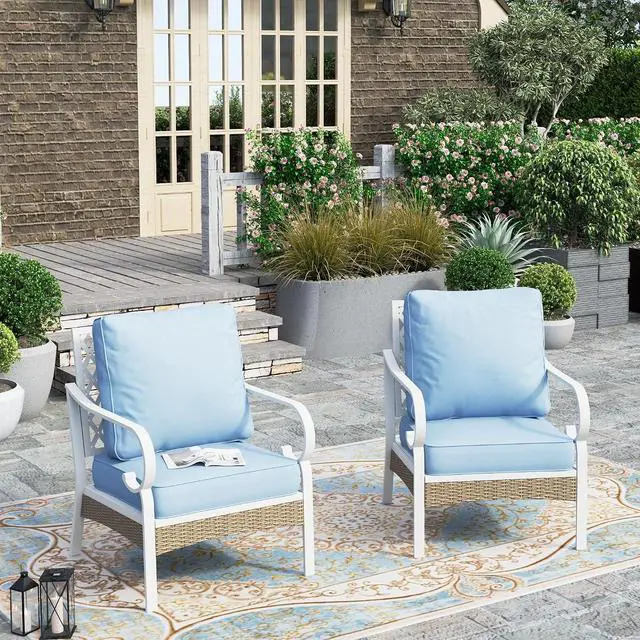 Main image of HERA'S HOUSE Outdoor Patio Chairs Set of 2, Metal Frame, Blue | High back, white frame, cushioned seats, 350 lb capacity, 5.75 in cushions, all-weather E-coated and powder-coated frame