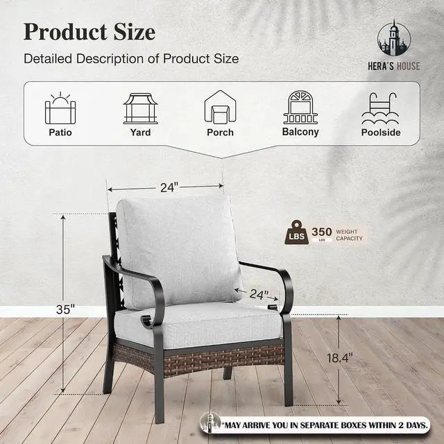 Alt view image 7 of 7 - HERA'S HOUSE High Back Patio Dining Chairs, Set of 2, Metal, Light Gray | Cushioned, All-Weather, Rust-Resistant, Supports 350 lb, For Deck, Garden, Balcony