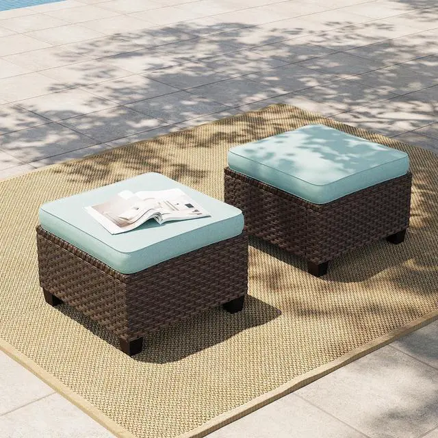 Main image of HERA'S HOUSE Outdoor Wicker Ottoman Set of 2, Patio Footstool Footrest Seat with 4" Cushions, 2 Pieces Brown Rattan Garden Stool, Blue