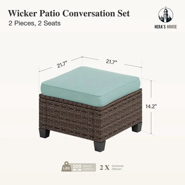 Alt view image 2 of 6 - HERA'S HOUSE Outdoor Wicker Ottoman Set of 2, Patio Footstool Footrest Seat with 4" Cushions, 2 Pieces Brown Rattan Garden Stool, Blue