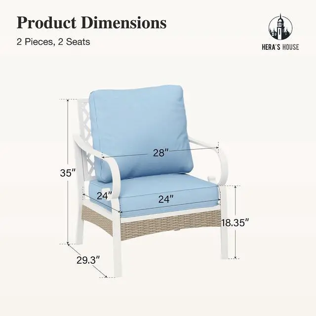 Alt view image 7 of 7 - HERA'S HOUSE Outdoor Patio Chairs Set of 2, Metal Frame, Blue | High back, white frame, cushioned seats, 350 lb capacity, 5.75 in cushions, all-weather E-coated and powder-coated frame
