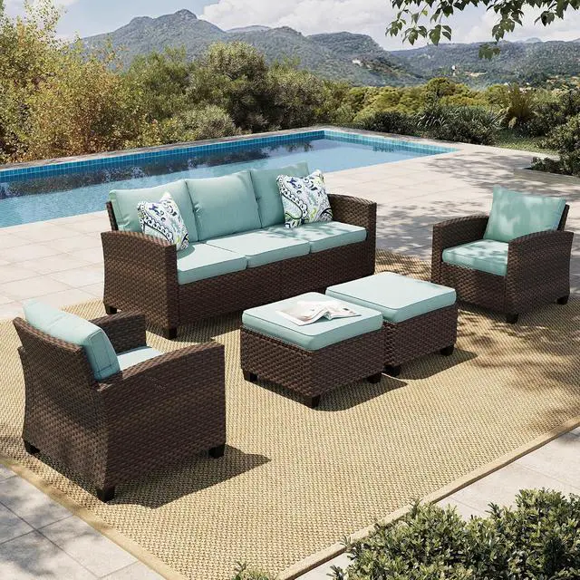 Alt view image 6 of 6 - HERA'S HOUSE Outdoor Wicker Ottoman Set of 2, Patio Footstool Footrest Seat with 4" Cushions, 2 Pieces Brown Rattan Garden Stool, Blue