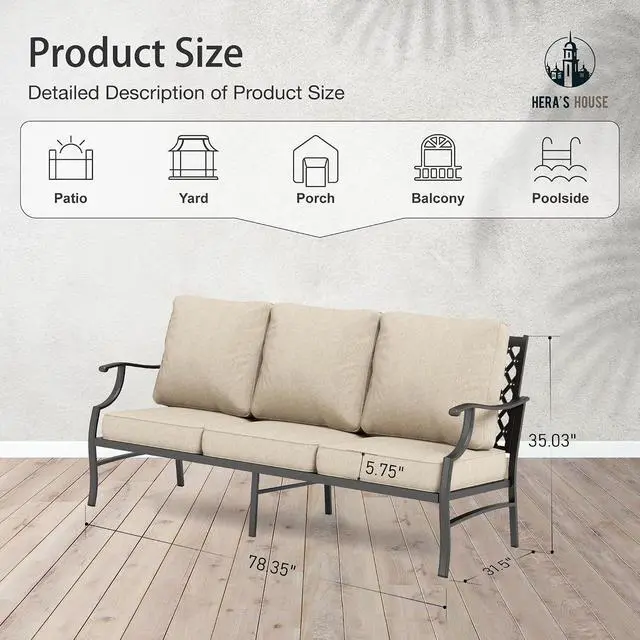 Alt view image 2 of 7 - HERA'S HOUSE, 3-Seat Outdoor Patio Sofa, Metal Frame, Beige | Deep Seating, All-Weather, E-Coated and Powder-Coated Frame, 900 lb Capacity