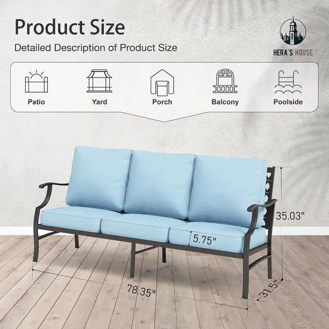 Alt view image 3 of 7 - HERA'S HOUSE, 3-Seat Outdoor Patio Sofa, Metal Frame, Blue | Deep Seating, All-Weather, E-Coated and Powder-Coated Frame, 900 lb Capacity