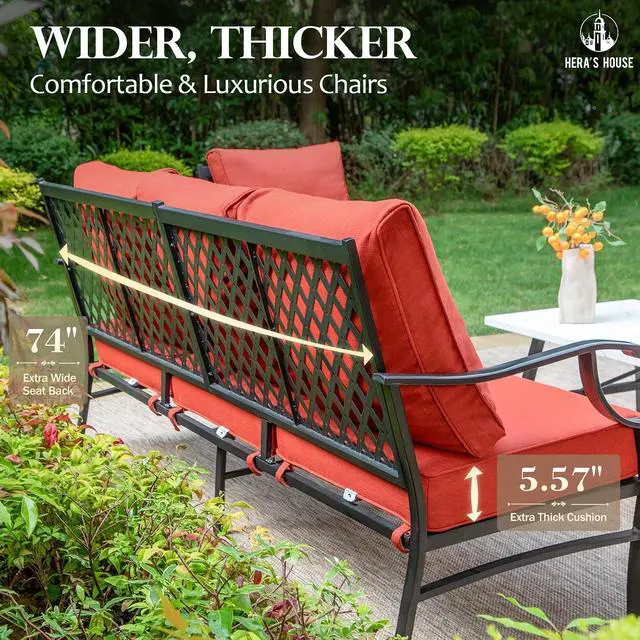 Alt view image 5 of 7 - HERA'S HOUSE, 3-Seat Outdoor Patio Sofa, Metal Frame, Red | Deep Seating, All-Weather, E-Coated and Powder-Coated Frame, 900 lb Capacity
