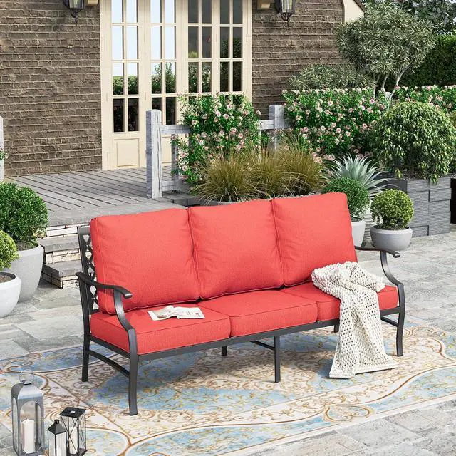 Alt view image 2 of 7 - HERA'S HOUSE, 3-Seat Outdoor Patio Sofa, Metal Frame, Red | Deep Seating, All-Weather, E-Coated and Powder-Coated Frame, 900 lb Capacity