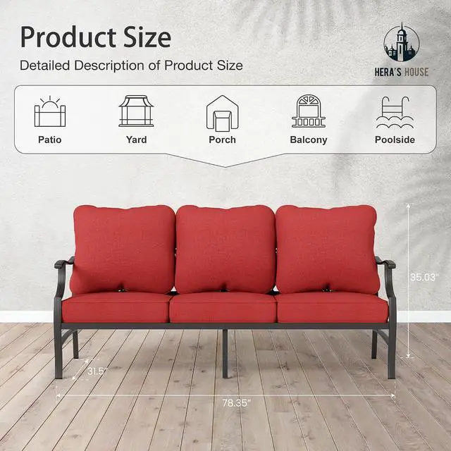 Alt view image 7 of 7 - HERA'S HOUSE, 3-Seat Outdoor Patio Sofa, Metal Frame, Red | Deep Seating, All-Weather, E-Coated and Powder-Coated Frame, 900 lb Capacity