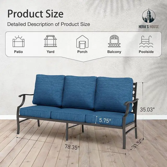 Alt view image 3 of 7 - HERA'S HOUSE, 3-Seat Outdoor Patio Sofa, Metal Frame, Pacific Blue | Deep Seating, All-Weather, E-Coated and Powder-Coated Frame, 900 lb Capacity