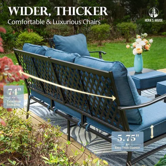 Alt view image 6 of 7 - HERA'S HOUSE, 3-Seat Outdoor Patio Sofa, Metal Frame, Pacific Blue | Deep Seating, All-Weather, E-Coated and Powder-Coated Frame, 900 lb Capacity