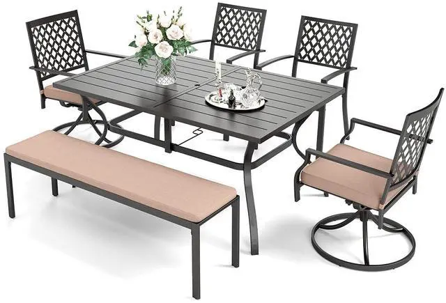 Main image of HERA'S HOUSE 6 Pieces Patio Dining Set, 2 x Cushioned Swivel Chair, 2 x Fixed Metal Chair, 56" Cushioned Bench and 61" Dining Table with Umbrella Hole, Outdoor Funiture Set for Deck, Garden, Backyard