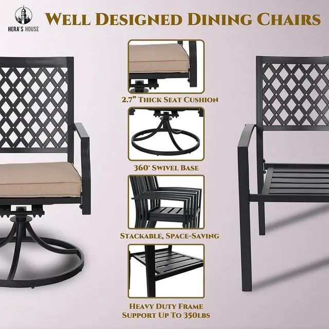 Alt view image 6 of 7 - HERA'S HOUSE 6 Pieces Patio Dining Set, 2 x Cushioned Swivel Chair, 2 x Fixed Metal Chair, 56" Cushioned Bench and 61" Dining Table with Umbrella Hole, Outdoor Funiture Set for Deck, Garden, Backyard