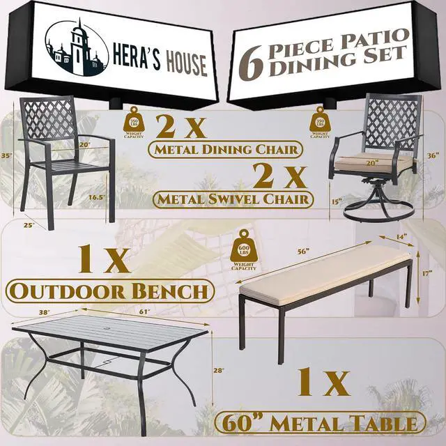 Alt view image 2 of 7 - HERA'S HOUSE 6 Pieces Patio Dining Set, 2 x Cushioned Swivel Chair, 2 x Fixed Metal Chair, 56" Cushioned Bench and 61" Dining Table with Umbrella Hole, Outdoor Funiture Set for Deck, Garden, Backyard